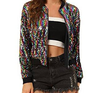 Colorful Sequined‎ Bomber Jacket By Jireh Clothing Co. Womens Rainbow Zipper